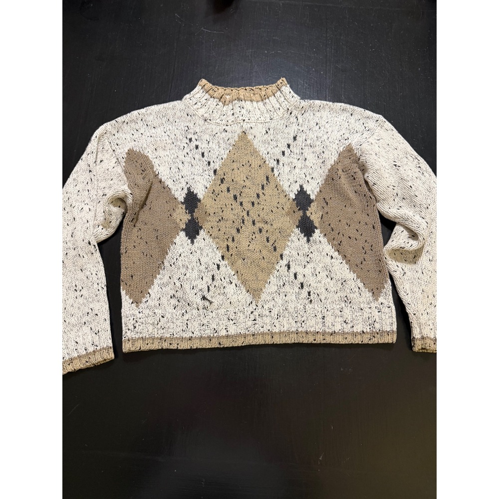 Vintage Accordeon Argyle Knit Sweater Cream Tan Speckled Mock Neck Size M